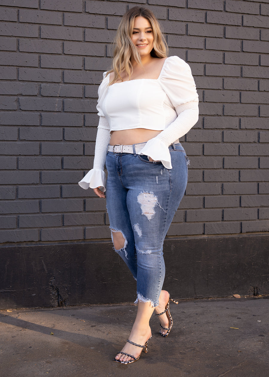 BELLA  White Crop Top with Ruched sleeves