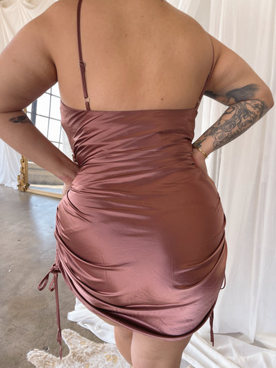 AFTER PARTY Mocha Satin Ruched Dress