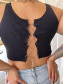 HEAT WAVE Black Soft Ribbed Tank with Diamond Strand Tie