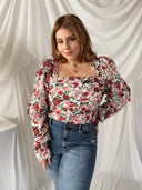 CHANTELL White Rose Print Satin Body Suit