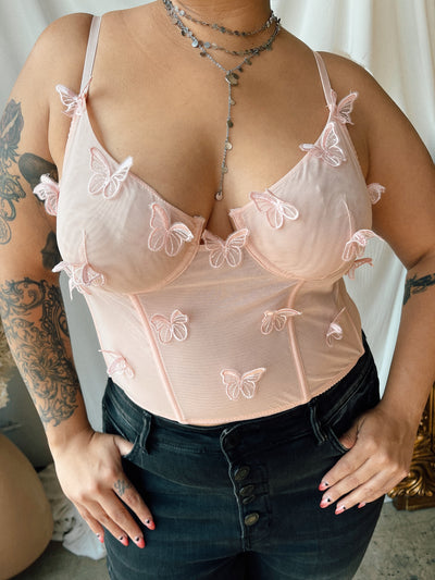 YOU GIVE ME BUTTERFLIES Pink Sheer Corset Top