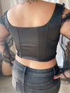 VICTORIA Black Satin Cold Shoulder Corset Top