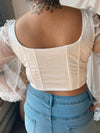 VICTORIA White Satin Cold Shoulder Corset Top