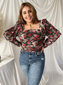 CHANTELL Black Rose Print Satin Body Suit