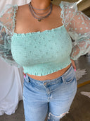 LANA Mint Polka Dot Puff Sleeve Top