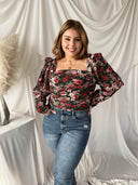 CHANTELL Black Rose Print Satin Body Suit